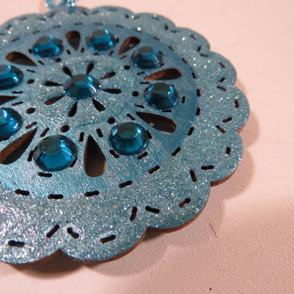Turquoise Circle Medallion Laser Cut Wooden Ornament with Rhinestones Hangs - Picture 4 of 7
